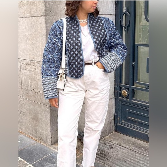 Cropped Puffer Jacket Stand Collar Floral Printed Open Front Quilted Lig… - Picture 9 of 15